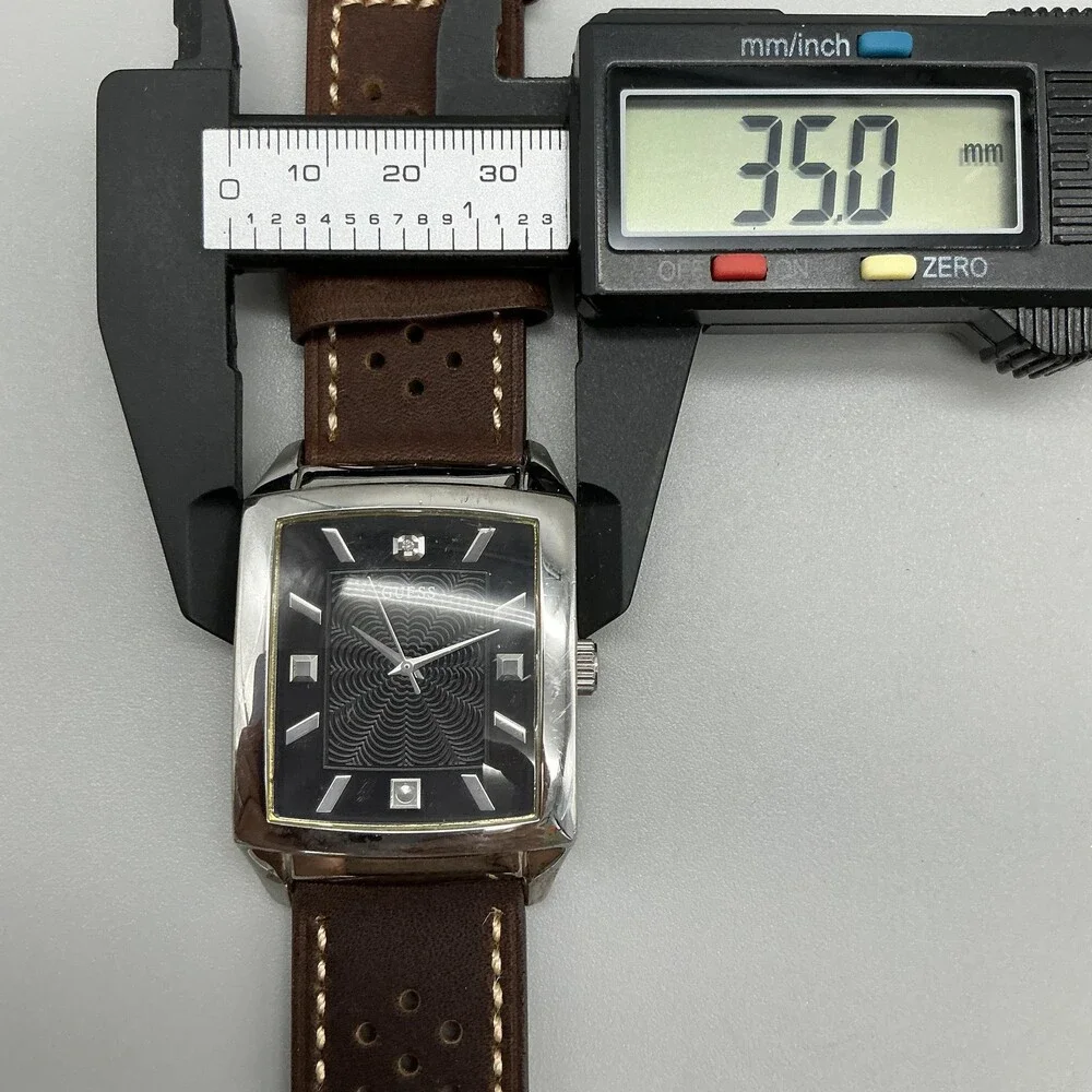 Guess Mens Watch 35mm Black Dial Brown Leather Rectangle Dress New Battery